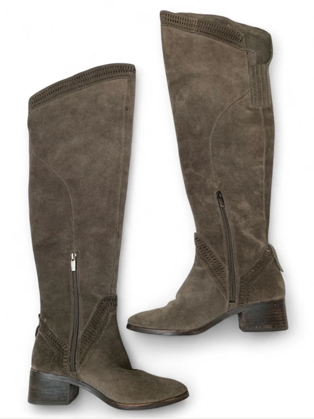 Vince Camuto Knee-High Grey Suede Boots - Laser Cut Accents Size 7